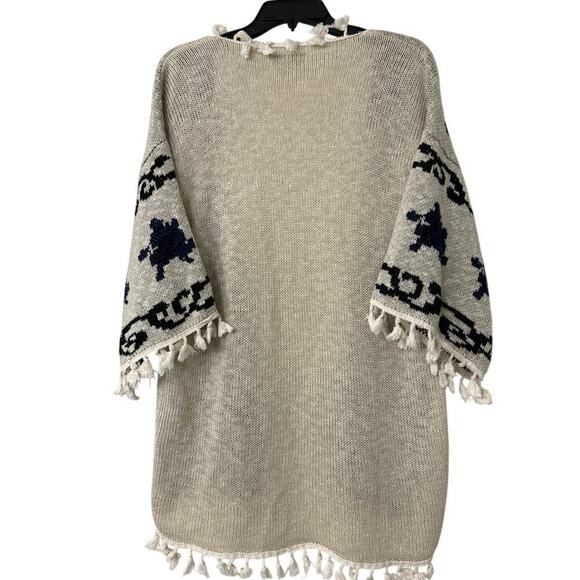 World Market Cream & Navy Blue Fringe Open Front 3/4 Sleeve Boho Cardigan O/S - Picture 2 of 11